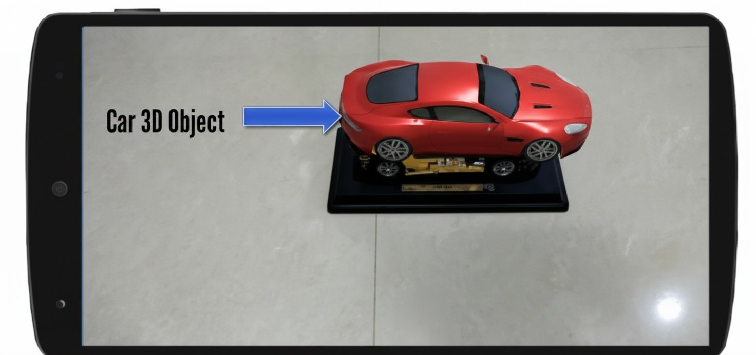 An Android phone held in landscape orientation. A red 3D car model is rendered standing on a stand on the floor in the camera view, with a label pointing to the car 3D object.