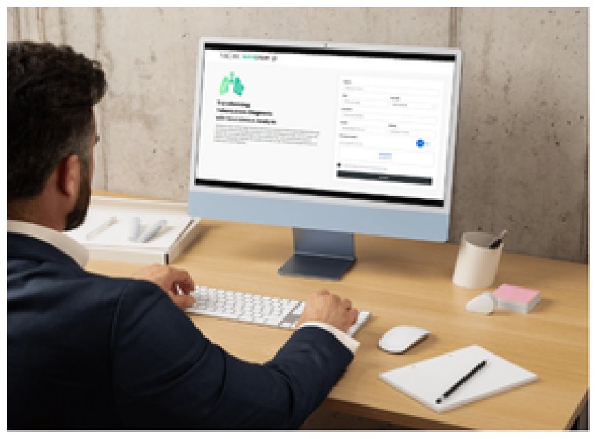 A person seated at a desk using the TB screening web application on a desktop monitor, with the upload form and the application's lung-and-waveform branding visible on screen.