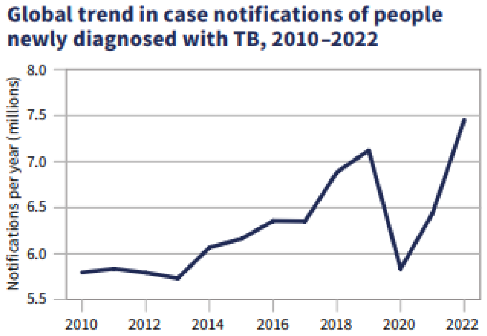 Line chart titled Global trend in case notifications of people newly diagnosed with TB, 2010 to 2022. Notifications per year rise from about 5.8 million in 2010 to roughly 7.1 million in 2019, drop sharply to about 5.8 million in 2020, then climb to about 7.4 million by 2022.